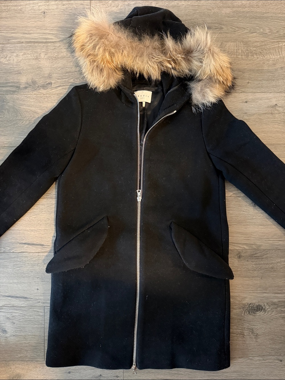 Sandro Black Wool Hooded Coat with Raccoon Fur Trim